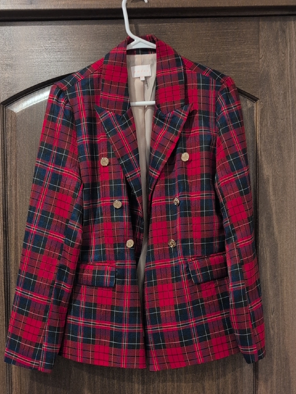 entro Red Plaid Double-Breasted Blazer with Gold Buttons